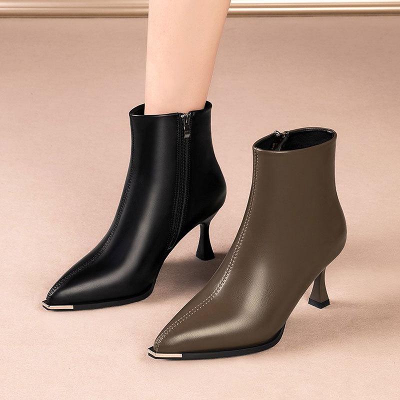French Ankle Boots Feminine Temperament Pointed High-heel Short Boots 2024 Winter New Fashion Slim Heel Zipper Commuting Boots