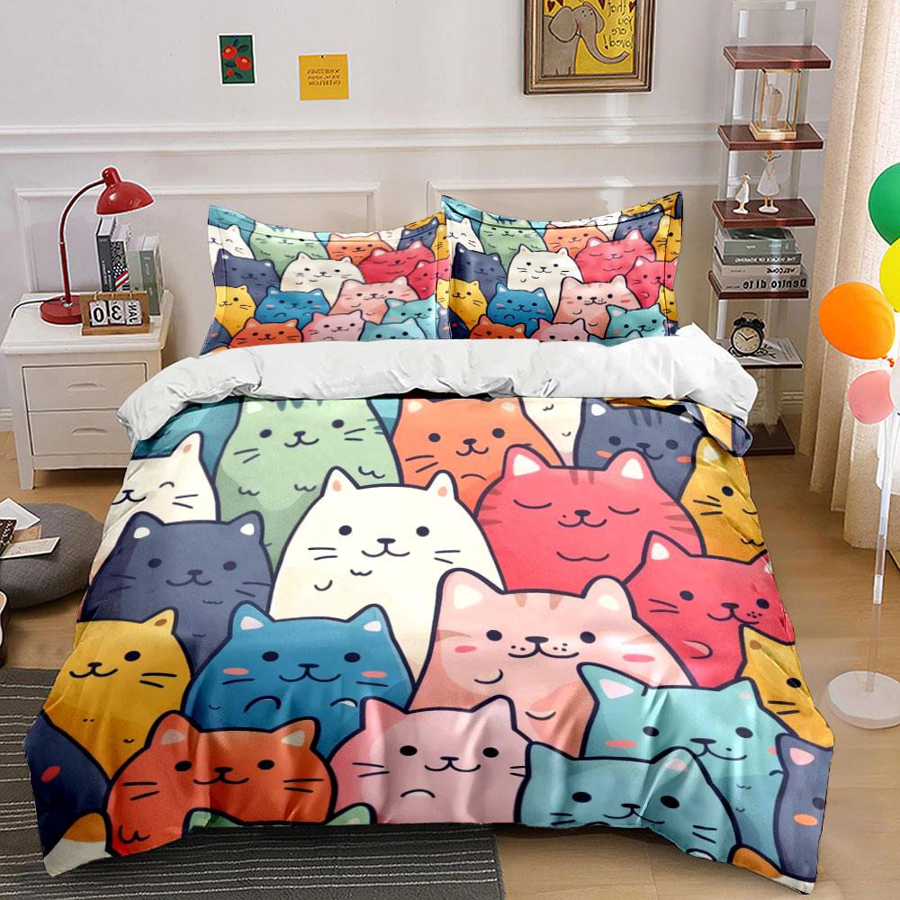 Colorful Cat Pattern Bed Set Bedding Duvet Cover Set Duvet Cover Pillowcases (1 * Duvet Cover 2 * Pillowcases, without duvet insert)