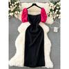 Accessible Luxury Socialite Style Fancy Dress Women's Puff Sleeves Square Collar Patchwork Waist-Slimming Stylish Niche Style Split Dress