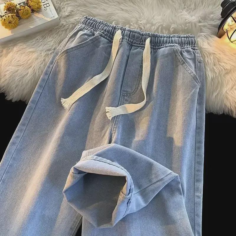 Men's Casual Elastic Waist Straight-Leg Drawstring Jeans - Large Size, Loose Fit