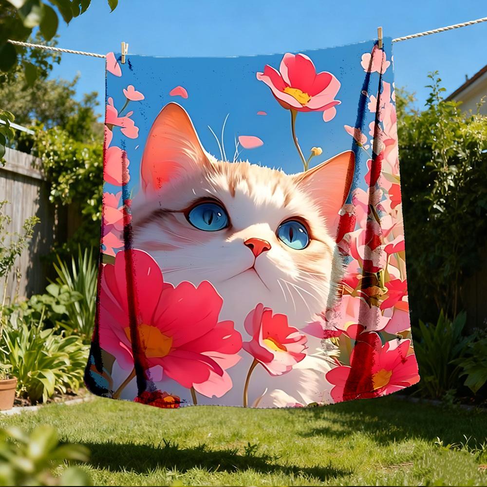 1pc Floral Cat Print Outdoor Flannel Blanket , Machine Washable Perfect Gift for Birthday , Holiday Travel Accessory , Durable Material