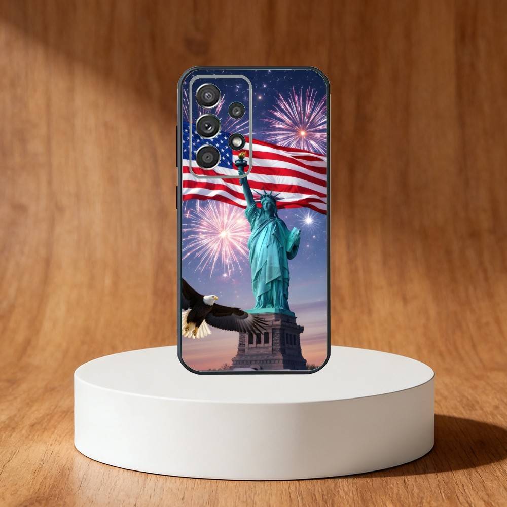 America USA Flag S-Statue Liberty Phone Case For Samsung S25,S24,S21,S22,S23,S30,Ultra,S20,Plus,Fe,Note,10,9,5G Black Cover