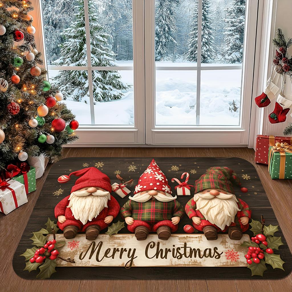 Christmas Gnome Checkered Doormat, Plush Machine Rug, Holly Berry Design for Front Door, Living Room, Kitchen, Festive Decor