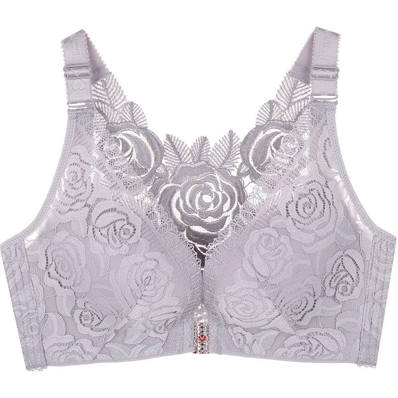 Gathered Adjustable Wire-Free Front-Hook Plus Size Bra with Large Cup and Rose Beautiful Back Lace Sexy Lingerie