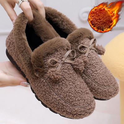 Женские зимние меховые мокасины, теплые уютные тапочки, подкладка из флиса, нескользящая домашняя обувь, туфли на плоской подошве для дома и улицы с бабочкой
