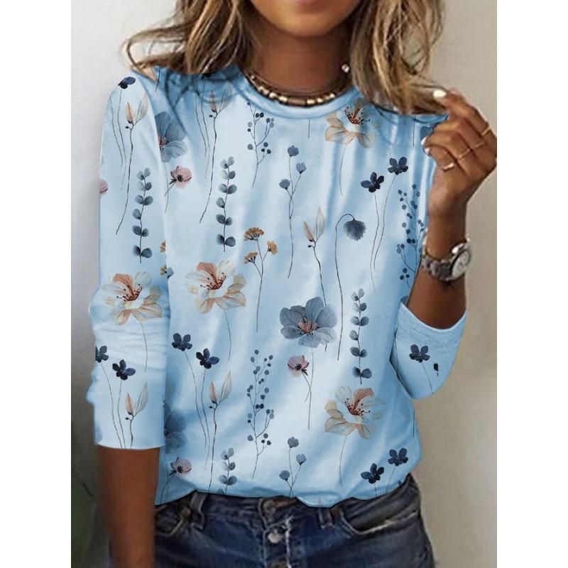 Floral 3d Print Crew Neck T-Shirt Casual O-Neck Long Sleeve Top Women's Clothing New Fashion Casual Oversized Tops Tees Female