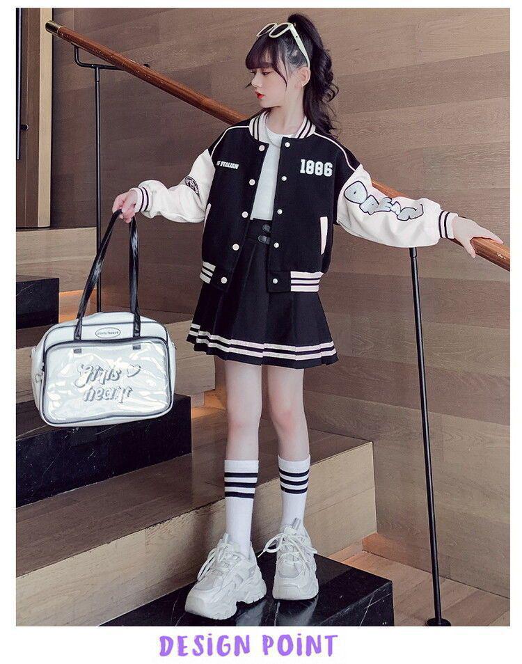 2024 Комплект для девочек в корейском стиле: бейсбольная куртка и плиссированная юбка - Весенне-осенний трендовый костюм-двойка для детей постарше