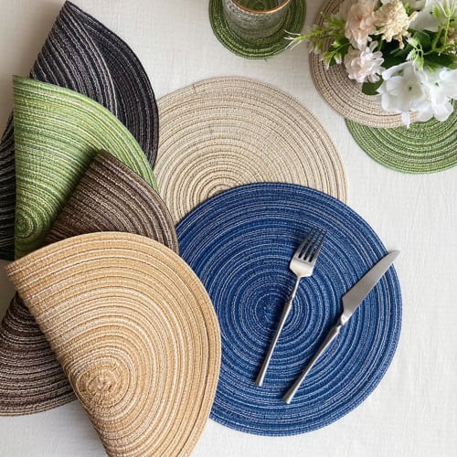 Multicolored Round Placemats, Satin-Dyed Cotton Woven Heat-Resistant Placemats and Coasters for Home Decor, 38cm, Milk Coffee Color (Cotton Round Brow