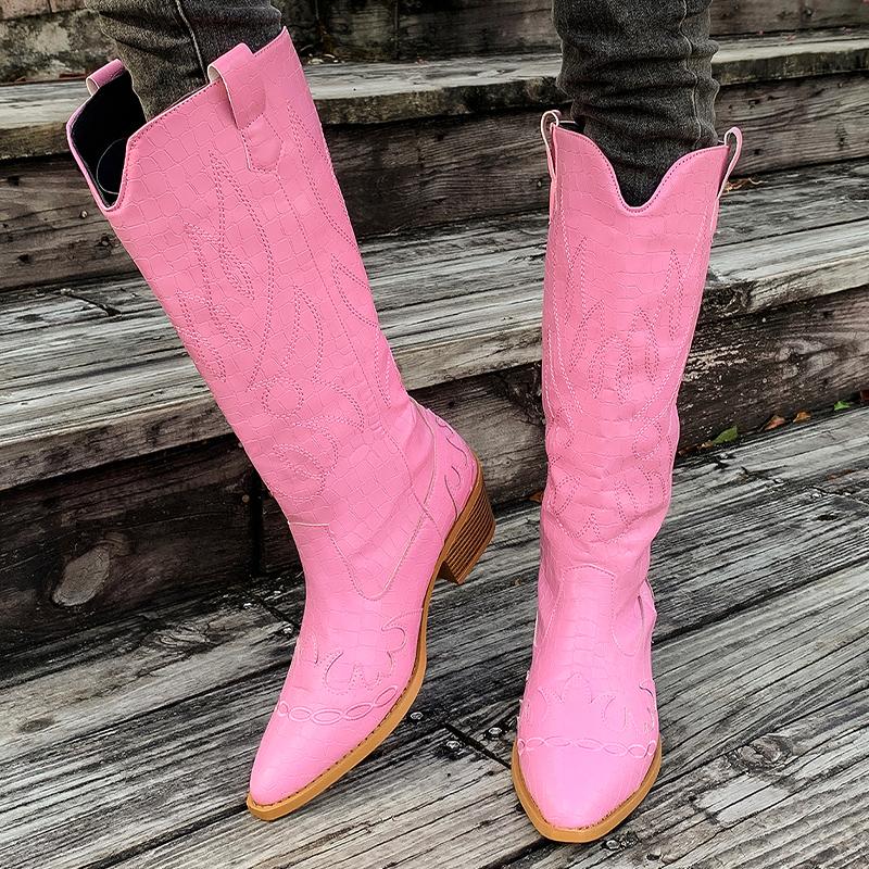 Вышитые массивные женские высокие сапоги с острым носком, дизайнерские туфли на среднем каблуке 2025 года, зимние туфли-лодочки до колена, челси, Botas De Mujer