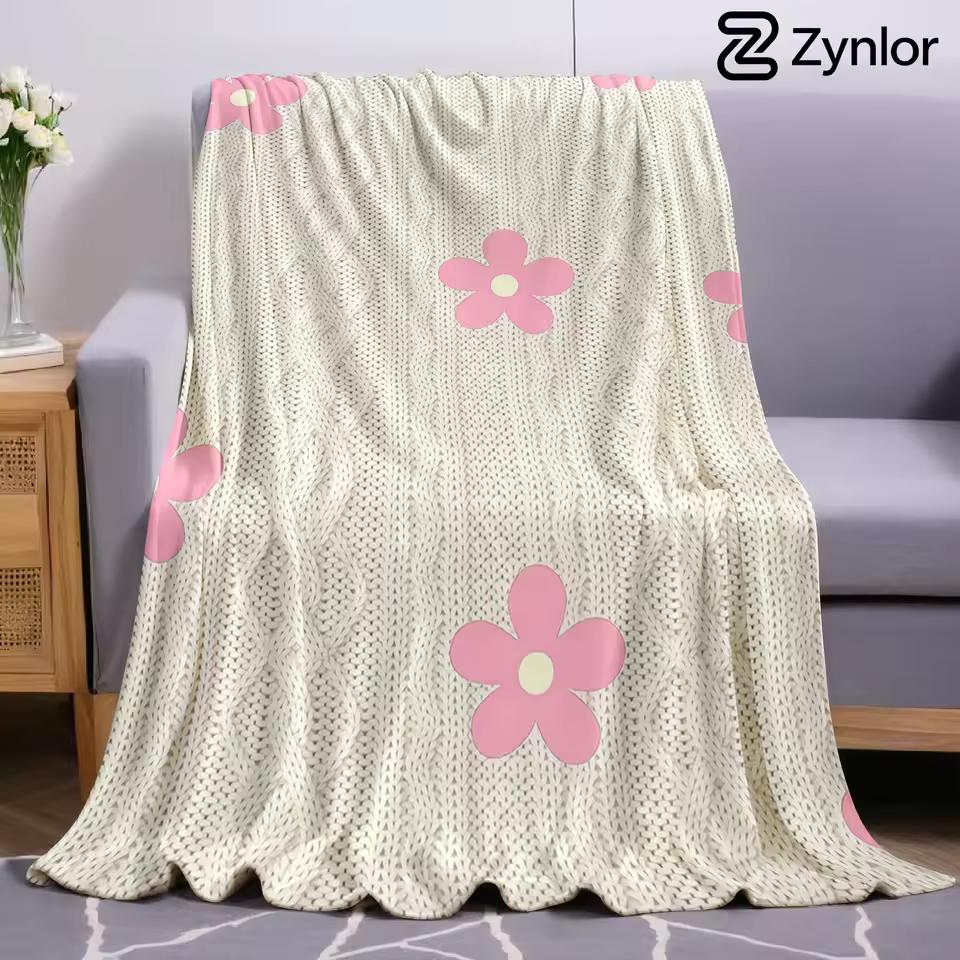 Knitted Pink Bloom Ultra Soft Sherpa Fleece Blanket Fluffy Warm Halloween Cozy Throw for Sofa Couch Bedroom Gift All season