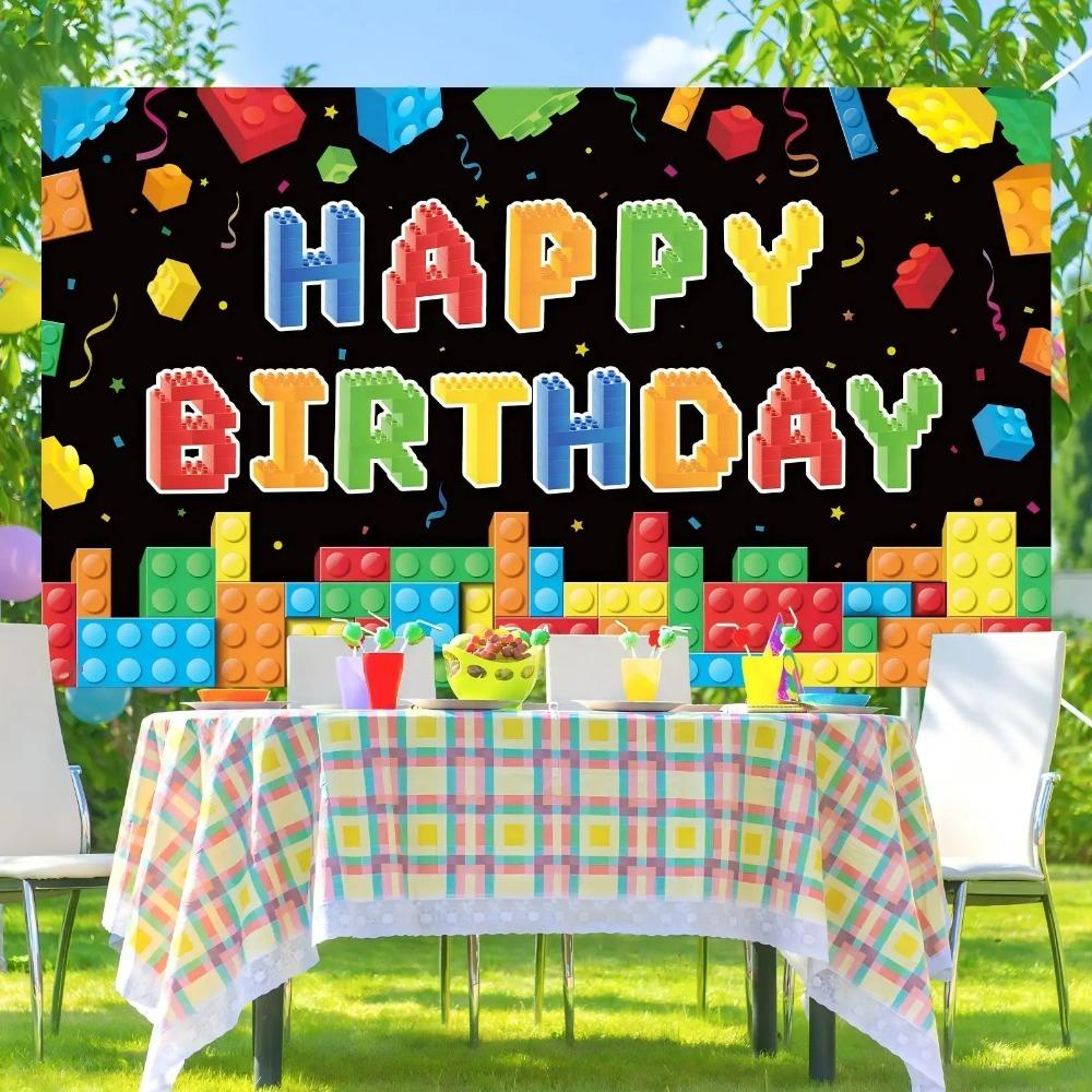 Colorful Building Block Themed Birthday Banner Shooting Backdrop Children Birthday Family Party Decoration Photography Backdrop