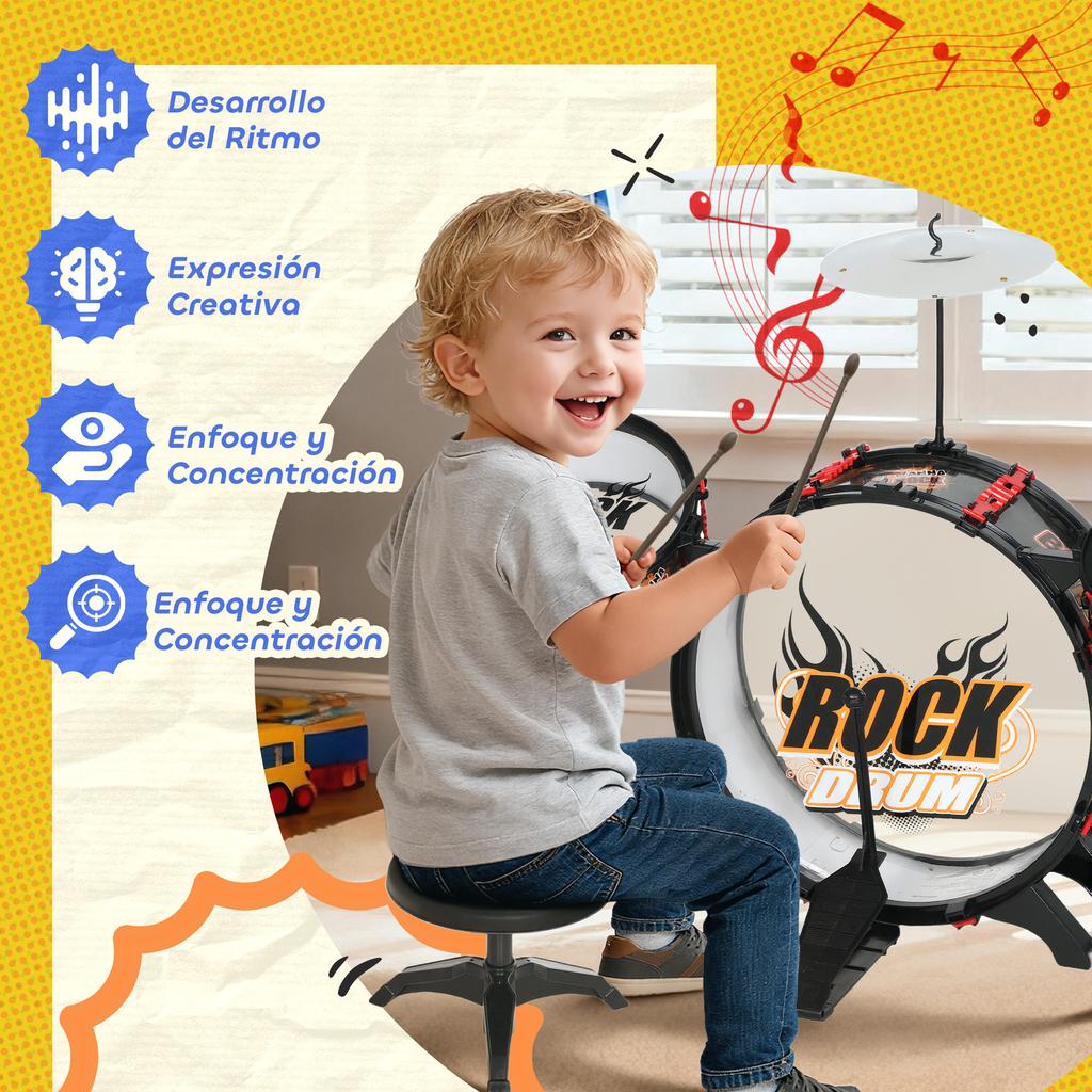 Drum Set for Children +3 Years with Stool, Drums, Bass Drum, Cymbal and Drumsticks 59.5x31.5x59 cm Black