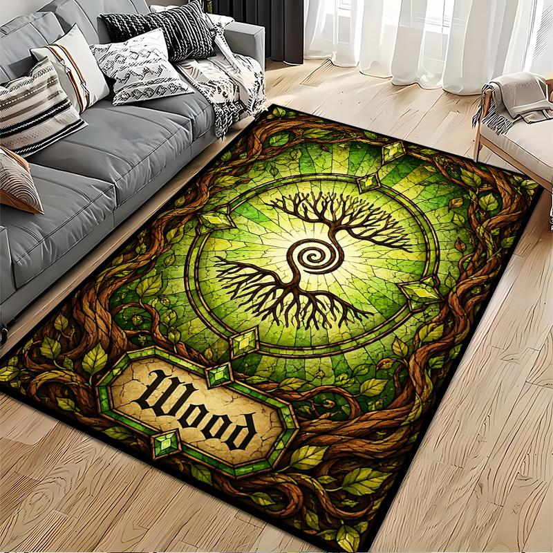 Stained Glass Art Area Rug, Tree of Life Wood Green Celtic Spiral Roots Leaves Print, Mystic Spiritual Decor, Non-Slip Mat
