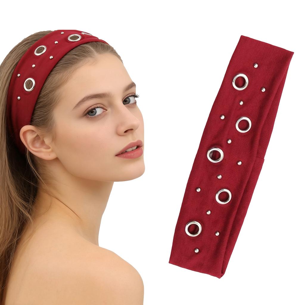 Elastic Punk Metal Eyelet Headband, Unisex Wide Stretch Rivet Hair Band, Retro Street Sports Sweat Head Wrap