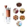 Portable, compact, hand-held coffee grinder with ceramic mortar, 5-degree adjustable grinding angle, washable clear container, natural wood finish,
