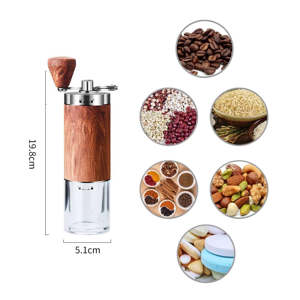 Portable, compact, hand-held coffee grinder with ceramic mortar, 5-degree adjustable grinding angle, washable clear container, natural wood finish,