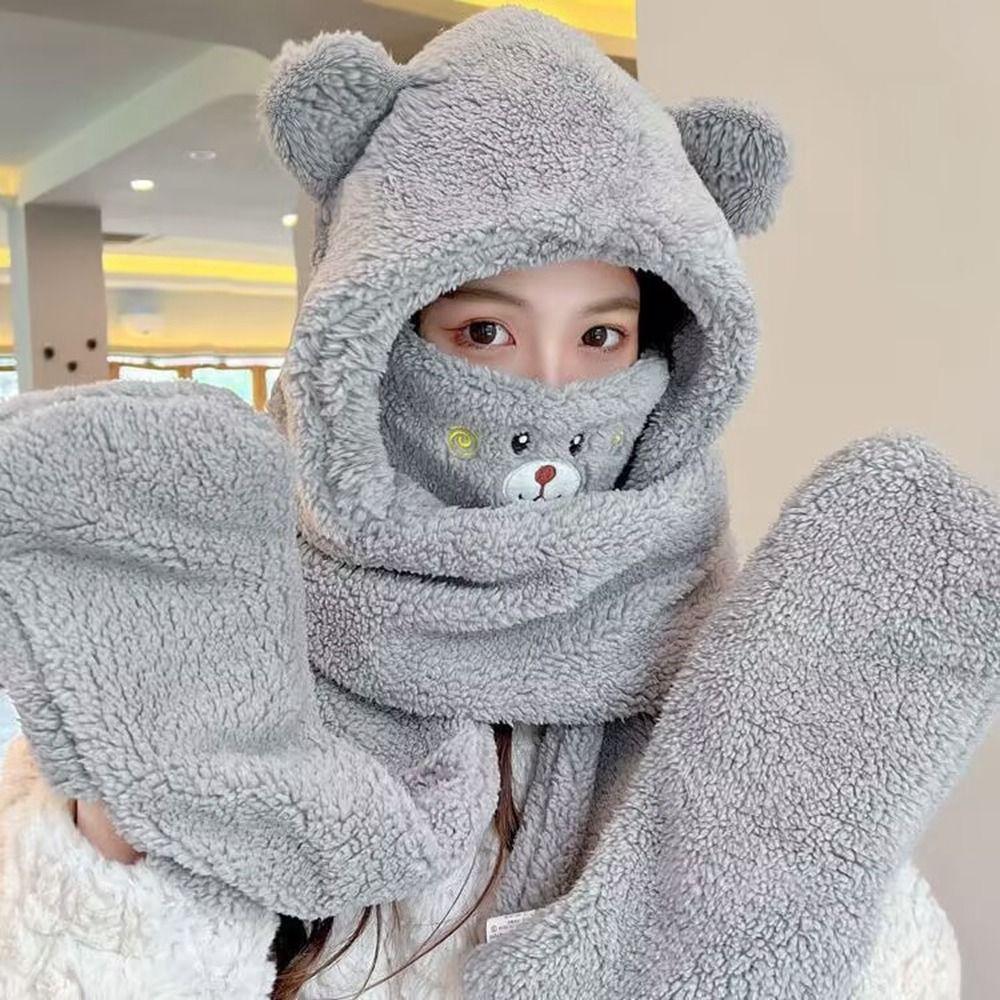 Hat With Earmuffs Cute Cap Korean Cap With Mask Scarf Women Plush Hat Winter Gloves Lamb Fleece Hat