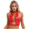 Women Shiny PU Leather Hollow Out Crop Top Sleeveless Lace Up Tank Top Clubwear