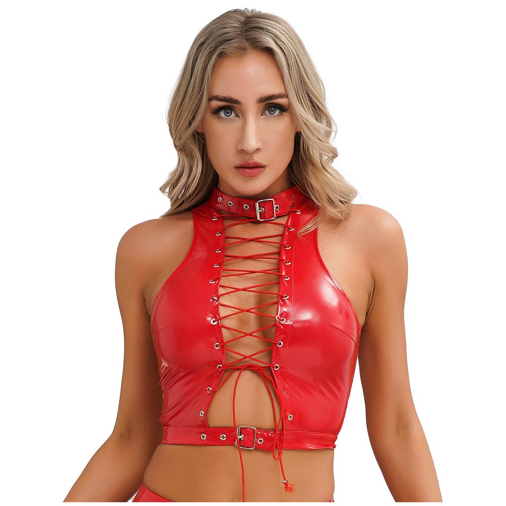 Women Shiny PU Leather Hollow Out Crop Top Sleeveless Lace Up Tank Top Clubwear