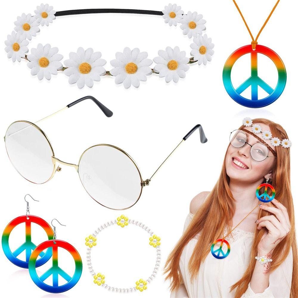 Boho Peace Sign Women's Hippie Costume Set 60's 70s Style Necklace Earrings  for Groovy Party Girls