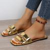 Fashion 2024 Summer Flat Bottom Women's Slippers Trend Fashion Outdoor Beach Golden Chain Design Flip-Flops Square Toe Open Toe Slippers