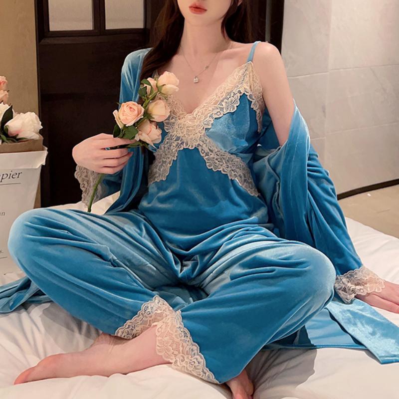 Новый осенне-зимний пижамный комплект на гусином пуху, пижама, сексуальная кружевная кайма, женское платье-кимоно-халат, свободный повседневный пижамный комплект, домашняя одежда