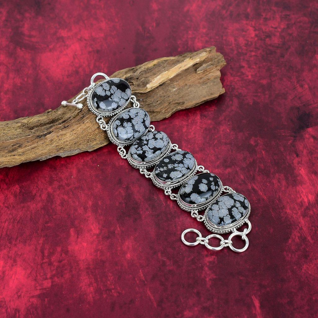 Snowflake Obsidian Handmade Jewelry Set, 925 Solid Sterling Silver Jewelry, Beauteous Unique Design Bracelet & Necklace Set For Her