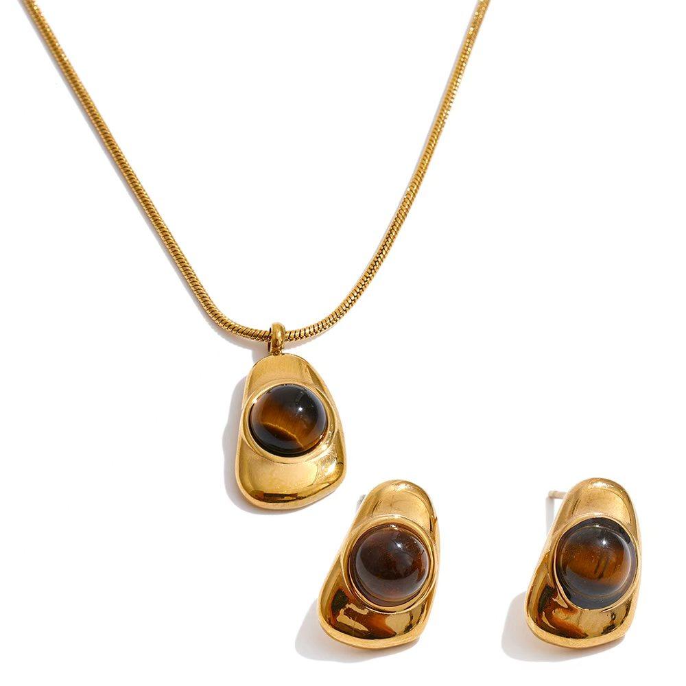 Yhpup Natural Tiger Stone Imitation Pearls Geometric Pendant Necklace Earrings Set for Women New Arrival Fashion Jewelry