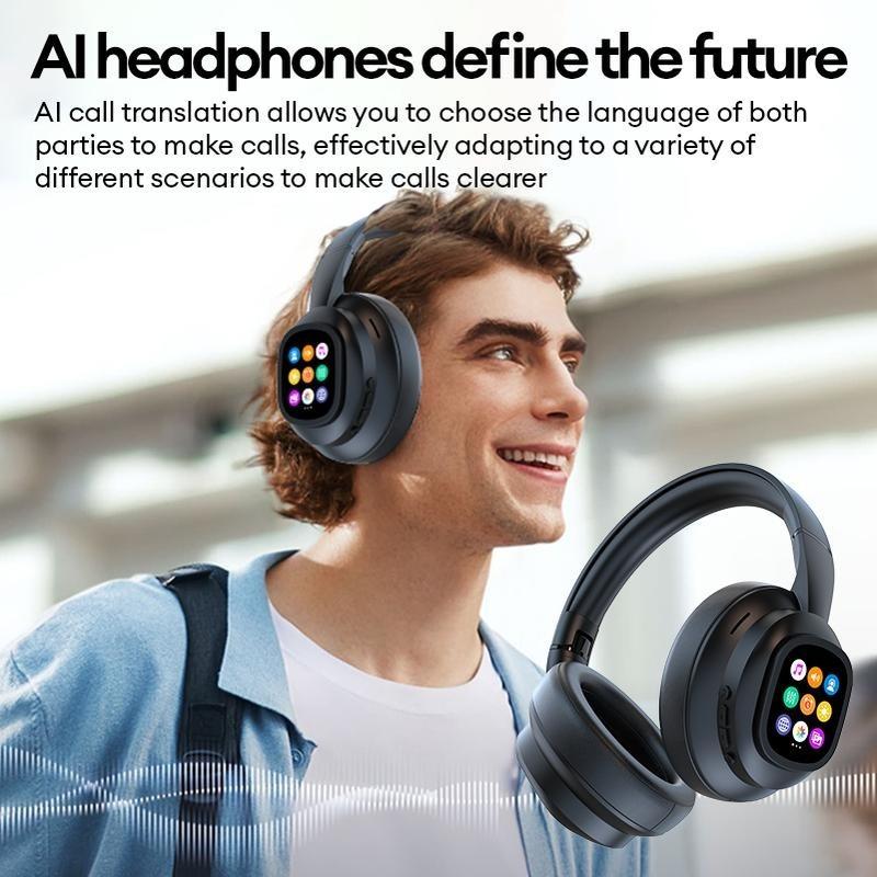 Игровые беспроводные Bluetooth-наушники с сенсорным экраном AI LCD, гарнитура с активным шумоподавлением ANC, Hi-Fi наушники с мощным басом и микрофоном для HD-звонков