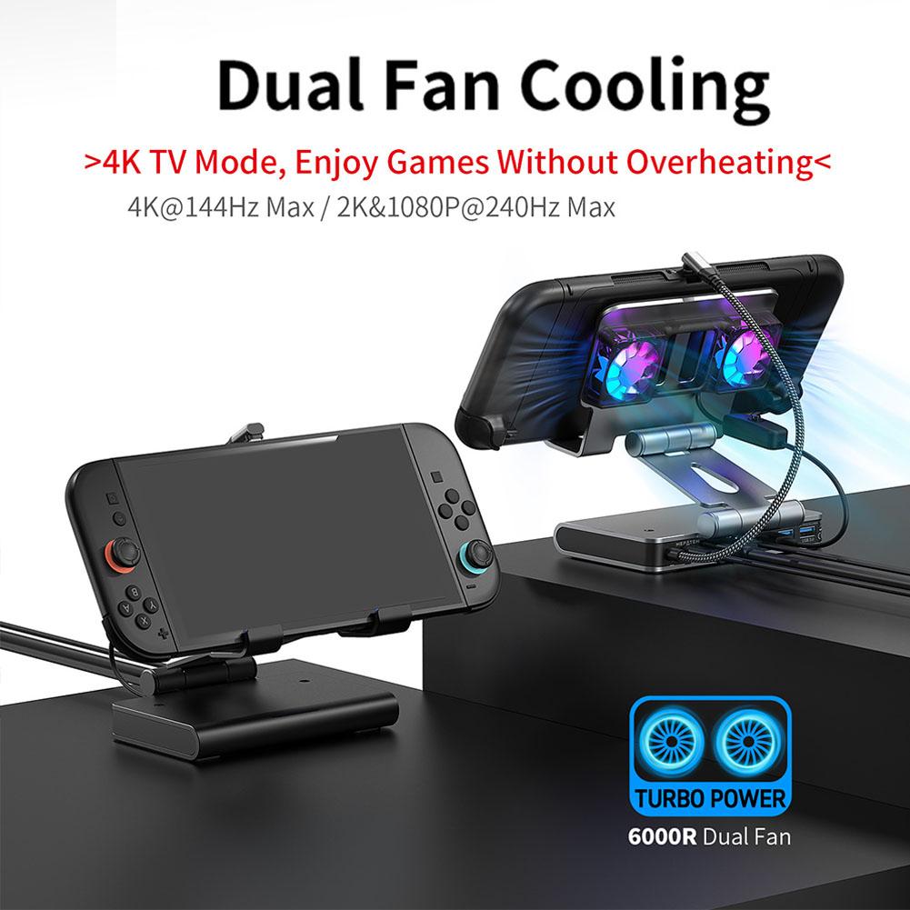 6 in 1 RGB Dual Fans Docking Station for Switch2 Game Console Dock Adjustable Height Dock Bracket with HDMI 4K@144Hz Projection