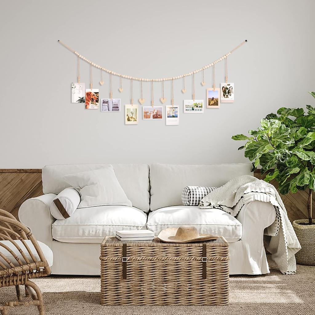 KLOGTSIND Hanging Photo Display with Clips, 9 Wood Clips, Boho Picture Frames Collage Wall Decor, Photo Hanger for Office Cubicle Decor, Kids Art