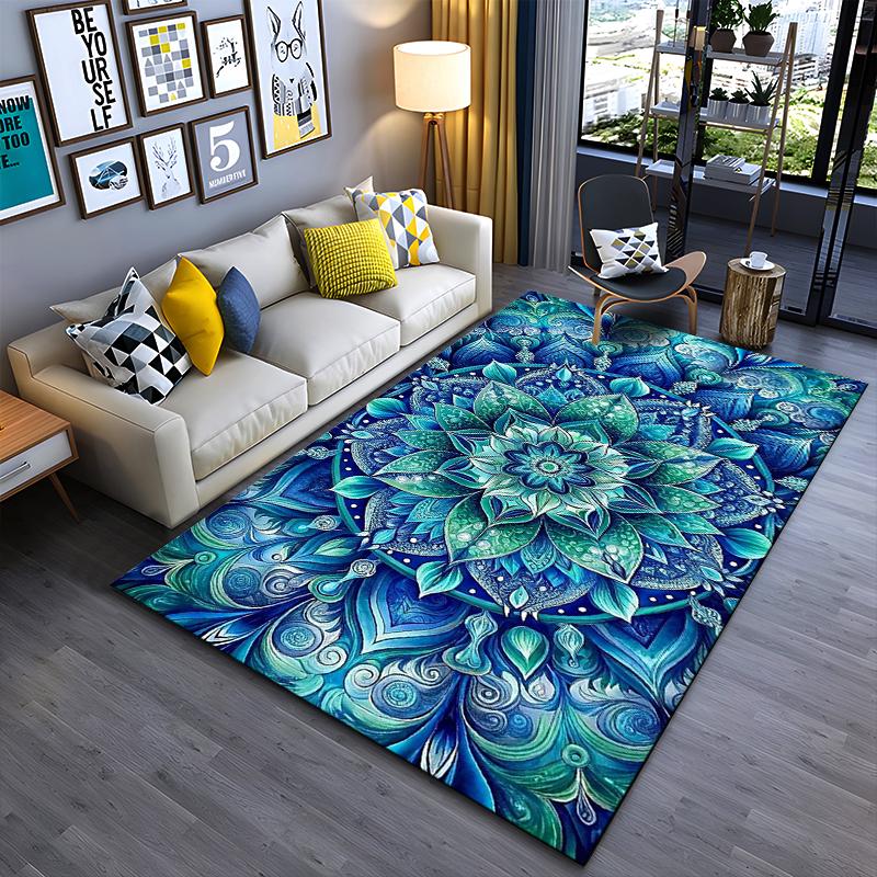 Area Rug, Mandala Flower Blue Teal Green Glass Art Print, Living Room Decor, Non-Slip Mat