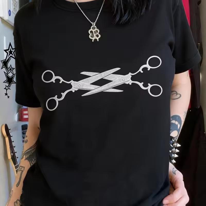 Y2K Dark Subculture Scissors Print Black T-Shirt Punk Style Distressed Loose Fit Slimming Short Sleeve Top