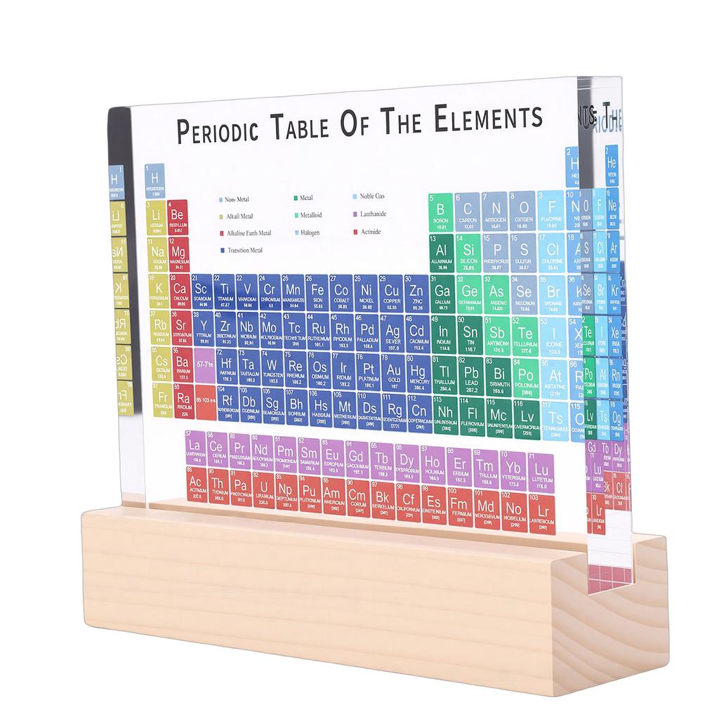 Periodic Table Desktop Decoration Colored Letters Acrylic Periodic Table of Chemistry Elements Display with Wood Stand and Light