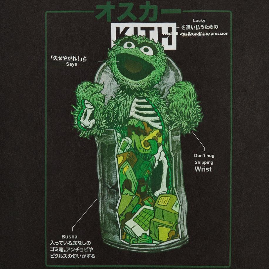 Kith Для улицы Сезам Оскар The Grouch Винтажная футболка Черные мужские топы KHM033084-001