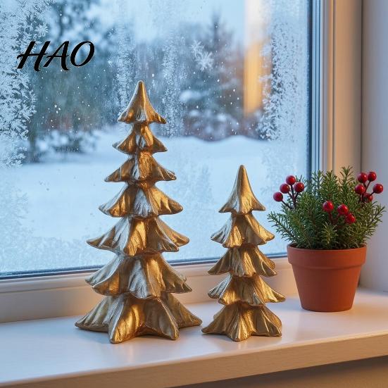 Desktop Holiday Ornaments 2Pcs Christmas Tree Ornaments, Vintage Gold Tabletop Decoration for Winter Home Decor And Fireplace Mantel Display, Seasonal