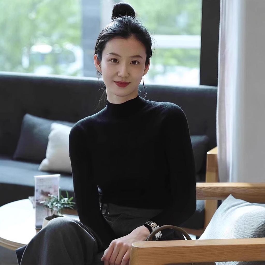 Spring, Autumn and Winter Black Semi-turtleneck Knitted Top Women's Slim Temperament Sweater Basic Bottom Shirt