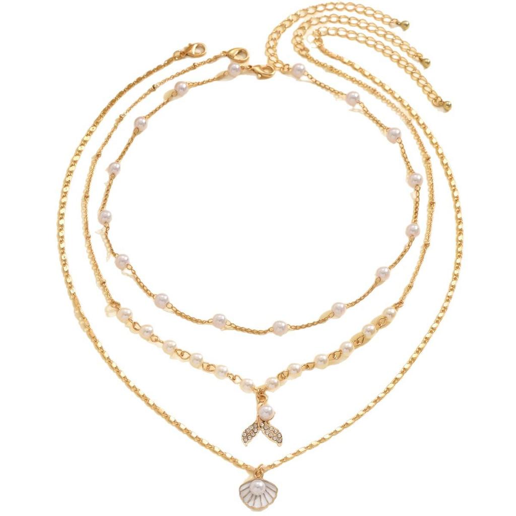 Европейское и американское многослойное ожерелье из искусственного жемчуга с подвеской из цинкового сплава в виде ракушки и рыбьего хвоста