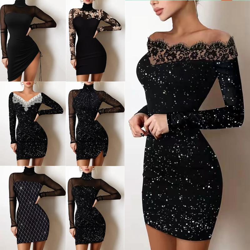 Women's Off-the-Shoulder Glitter Bodycon Dress, Lace Trim Long Sleeve Mesh Mini Dress, Sexy Club Party Evening Gown