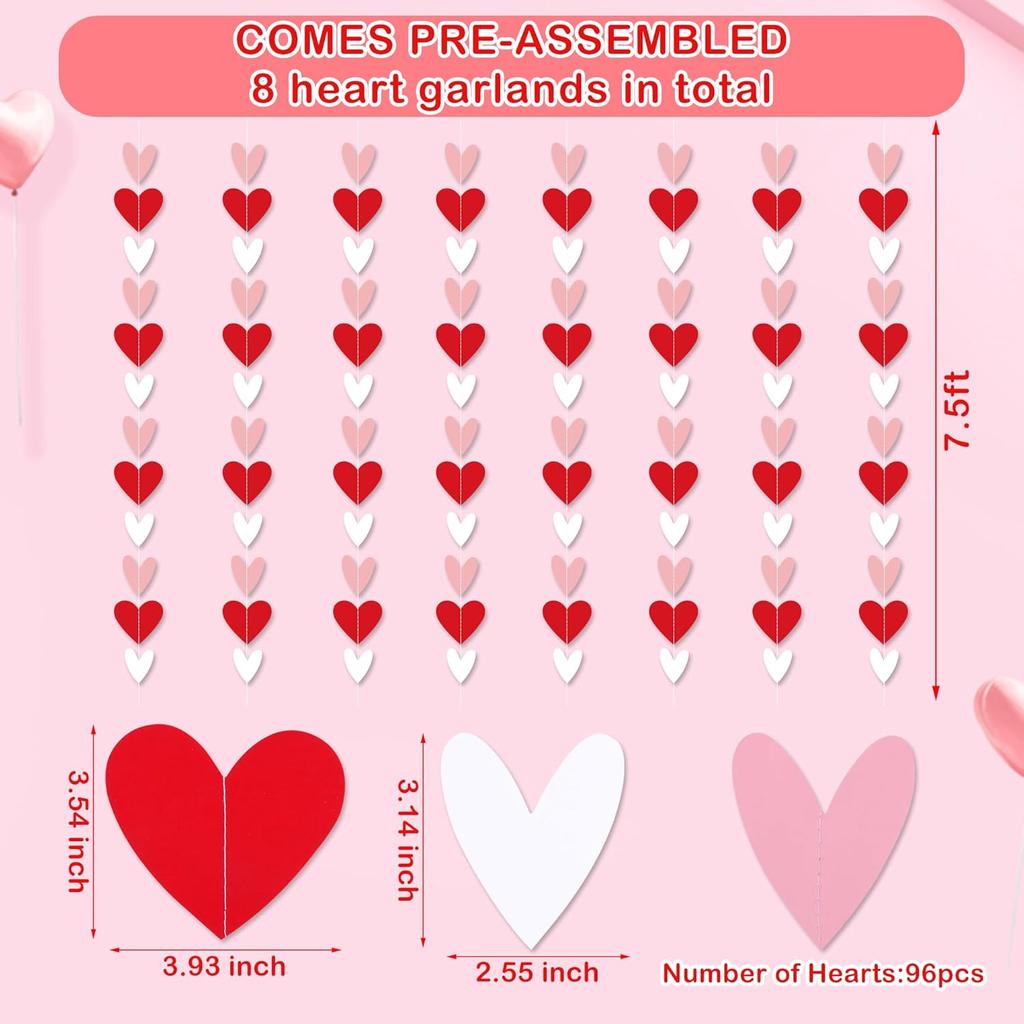 96 Red White Pink Heart Garland - NO DIY - Valentine's Day Party Decorations Supplies, Valentine's Day Hanging String Garland Banner for Wedding