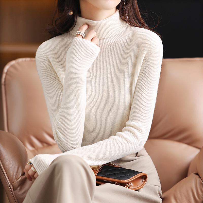 Women's High-Neck Pure Wool Sweater - Autumn/Winter Knitted Style, Stylish Tight-Fit Base Layer