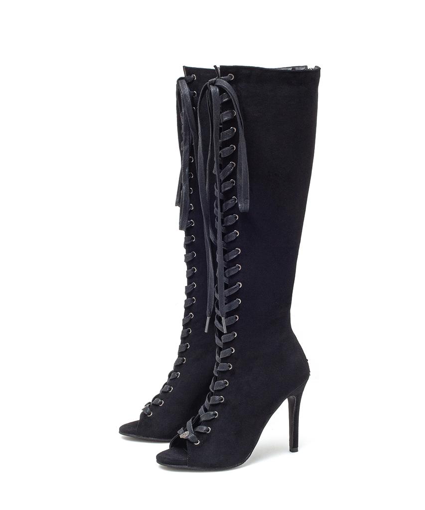 Ssimeez Suede Lace-Up Open-Toe Heel Boots (Black)