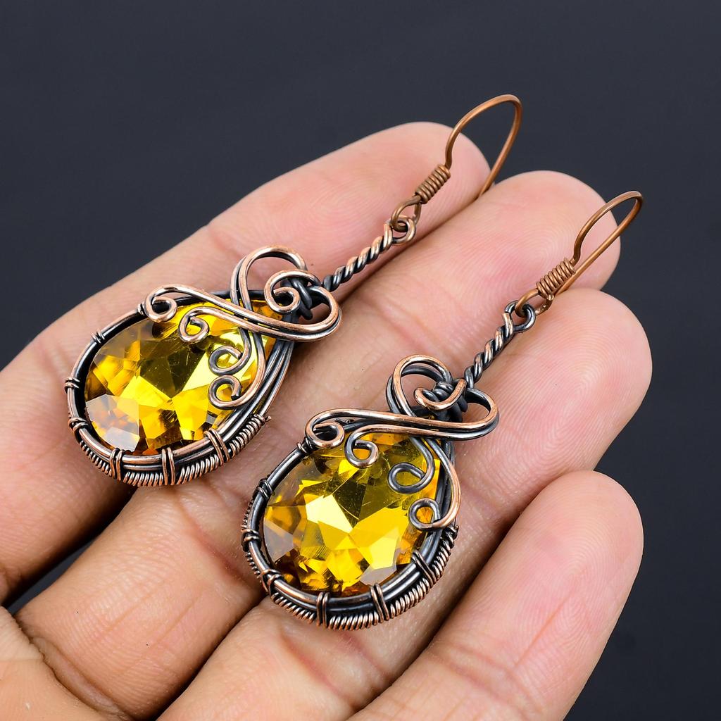 Серьги с цитрином, Ювелирные изделия из драгоценных камней, обернутые медной проволокой 999 пробы, Серьги ручной работы, На День благодарения
