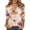 Женские топы, рубашка с рукавом три четверти, свободная повседневная рубашка с V-образным вырезом, футболка с цветочным принтом