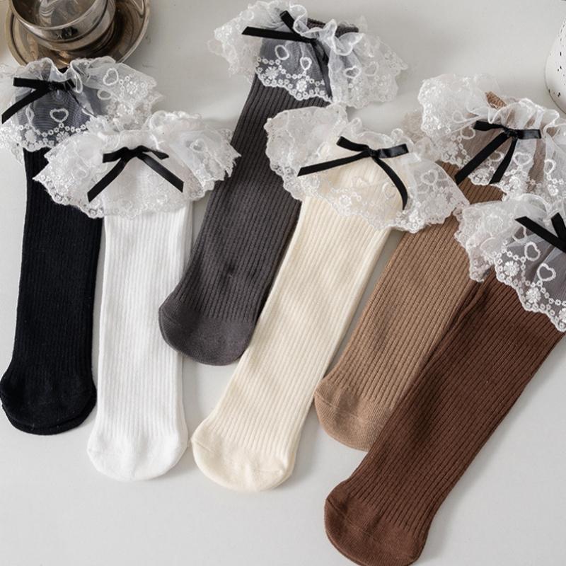 Lolita Princess White Lace Socks Children Spring Autumn Cotton Socks Korean Girl Bow Long Socks Solid Color Kids Knit Stockings