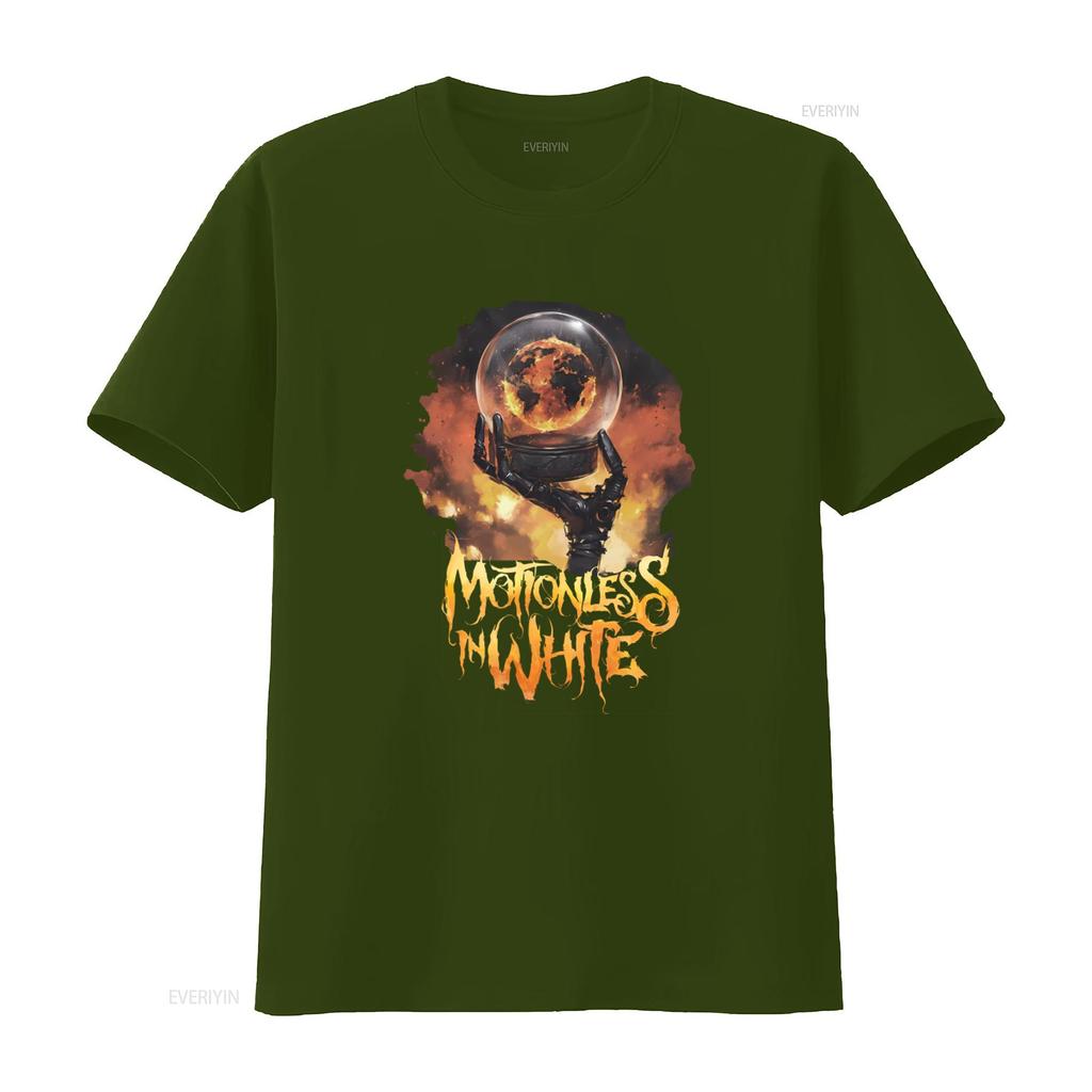 Motionless In White 2023 T Shirt Scoring The End Of World Design Unique Fire Globe Robotic Hand Print Perfect for Rock Fans
