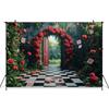Mocsicka Spring Backdrop Easter Red Rose Flower Green Wall Card Door Black White Grid Floor Wedding Decorations Party Background