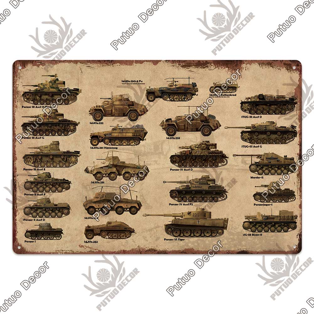 Putuo Decor Танки Жестяная табличка Металлическая табличка Декоративный винтажный декор Табличка Настенный декор Гараж Мужская пещера Клубная комната Дом
