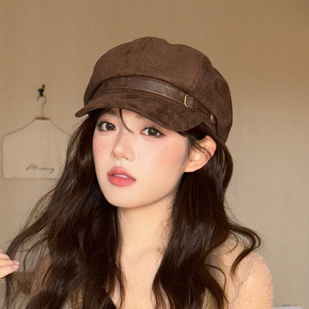 Warm Newsboy Hat Flat Top Women Octagonal Hat Casual Suede Berets Autumn Winter