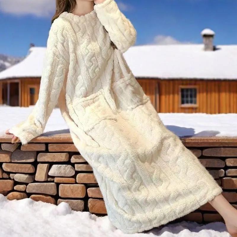 Жіночі Осінньо-Зимові Нічні Сорочки з Фланелі з Довгим Рукавом та Подвійними Кишенями, Вільний Однотонний Одяг для Сну, Жакардова Нічна Сукня, Потовщена Тепла Нічна Сорочка